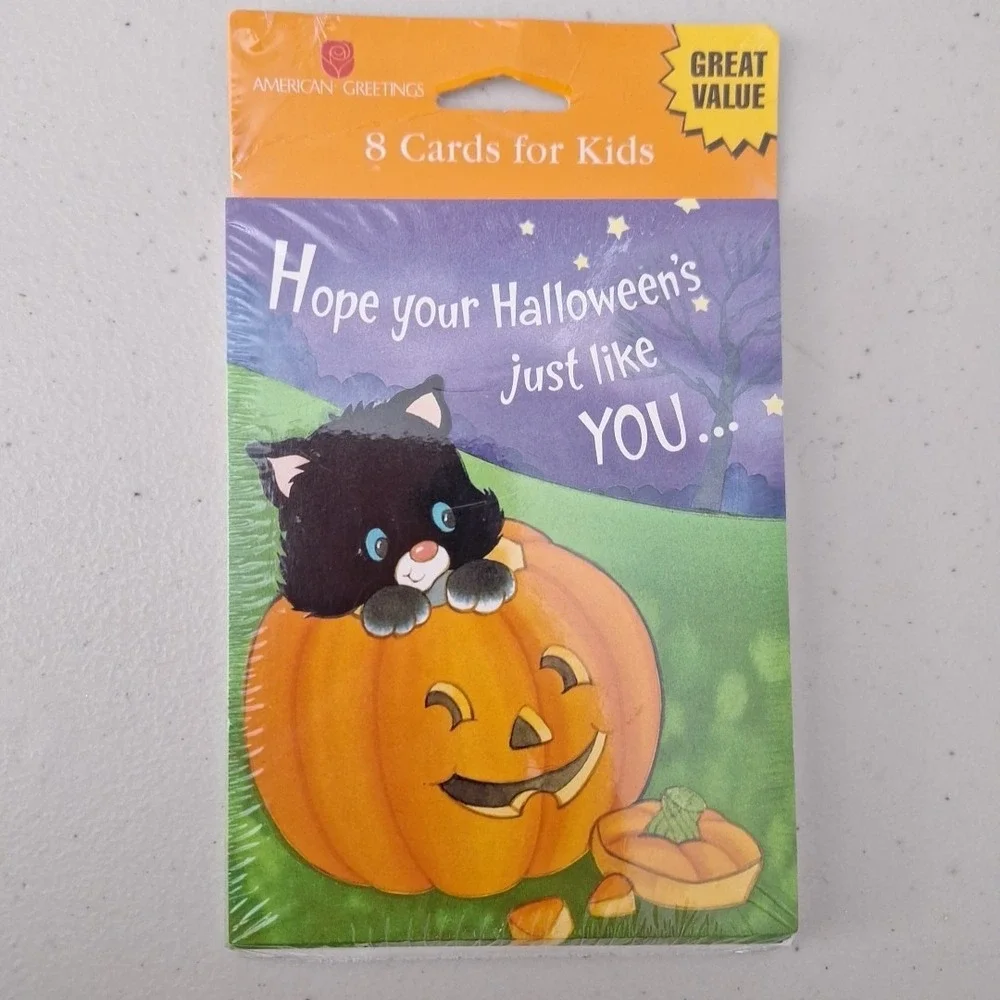 Vintage American Greetings Halloween Cards Black Cat On Pumpkin 8 Cards